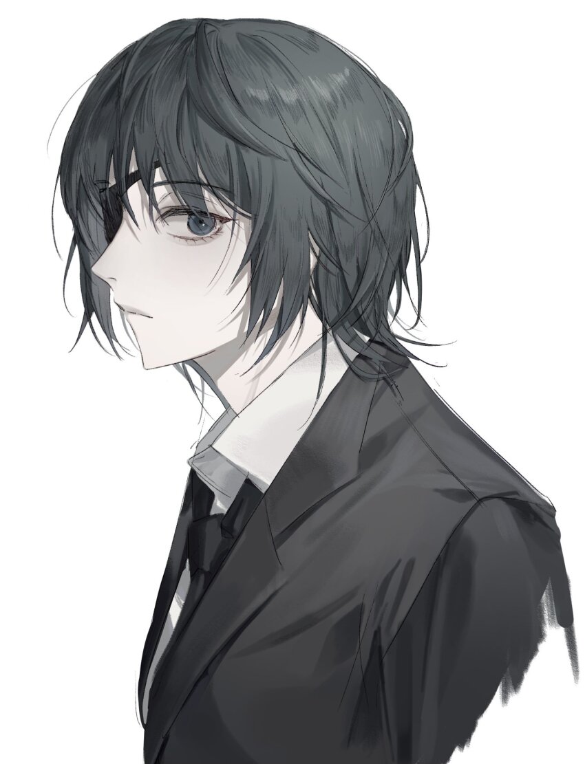 1girl, alternate_hair_color, black_necktie, breasts, chainsaw_man, chhiii_o_o, collared_shirt, cropped_torso, expressionless, eyepatch, green_eyes, green_hair, highres, himeno_(chainsaw_man), jacket, looking_at_viewer, looking_to_the_side, necktie, shirt, short_hair, simple_background, small_breasts, smile, solo, suit_jacket, upper_body, white_shirt