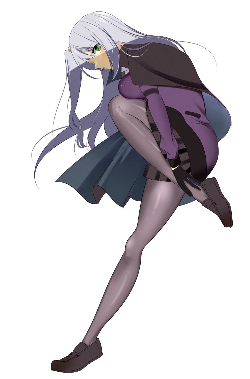 1girl, absurdres, assault_lily, black_cape, black_gloves, black_shoes, black_skirt, brown_skirt, cape, cardigan, collared_shirt, commentary_request, from_side, full_body, gloves, green_eyes, grey_hair, grey_pantyhose, hair_between_eyes, hand_on_own_foot, hand_on_own_leg, hidai_miyazu, highres, kikikaikai_(kikikaikai_chan), leg_up, loafers, long_hair, long_sleeves, looking_at_viewer, looking_to_the_side, miniskirt, one_side_up, pantyhose, parted_lips, profile, purple_cardigan, school_uniform, shirt, shoes, sideways_glance, simple_background, skirt, solo, standing, standing_on_one_leg, striped_clothes, striped_skirt, two-tone_skirt, vertical-striped_clothes, vertical-striped_skirt, white_background, white_shirt