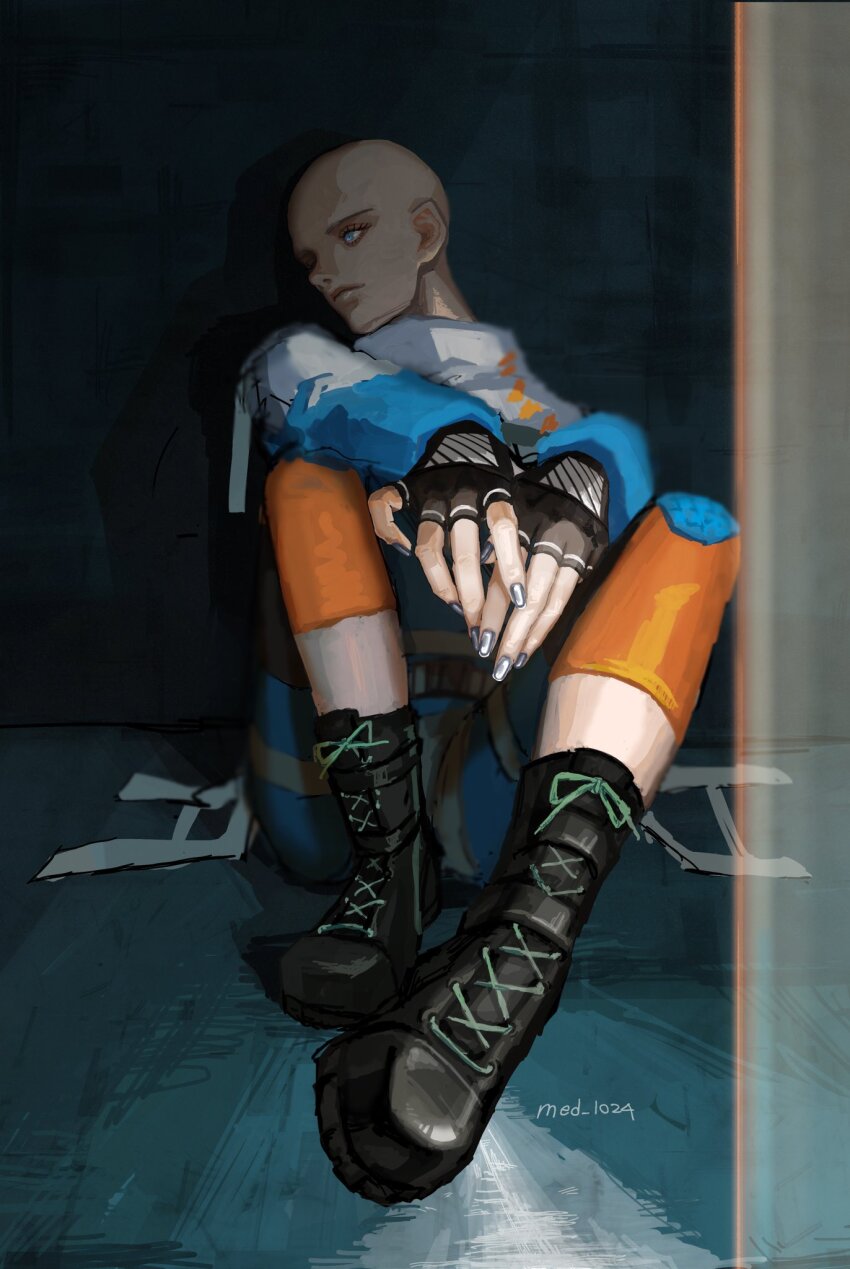 1girl, apex_legends, artist_name, bald, bald_female, belt, black_belt, black_boots