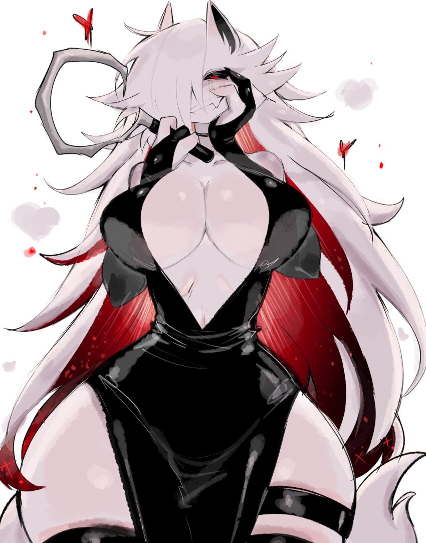 1girl, animal_ears, black_choker, black_dress, black_sclera, black_thighhighs, blush, breasts