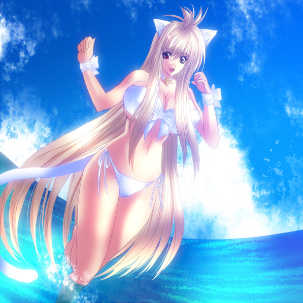 1girl, animal_ears, bikini, blonde_hair, bow, breasts, cat_ears, cat_girl