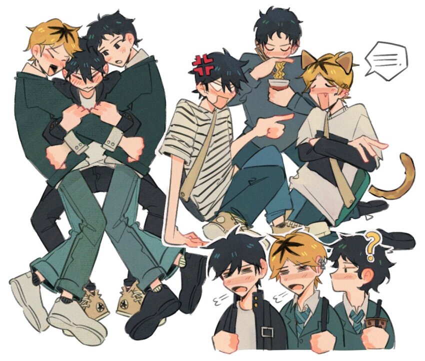 3boys, animal_ears, black_hair, blonde_hair, blush, bubble_tea, cat_boy, cat_ears