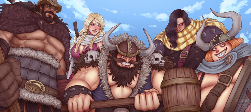 1girl, 4boys, abs, beard, black_coat, black_hair, blonde_hair, blue_sky, braid, breasts, cleavage, cloud, cloudy_sky, coat, derivative_work, dress, eyelashes, facial_hair, fake_horns, fur_trim, gerd_(one_piece), giant, giantess, goggles, goldberg_(one_piece), hair_over_one_eye, hajrudin, helmet, highres, holding, holding_weapon, horned_helmet, horns, large_breasts, large_pectorals, leather_belt, long_hair, long_mustache, multiple_boys, mustache, one_piece, pectorals, red_hair, road_(one_piece), scarf, scarf_over_mouth, screenshot_redraw, sideburns, skull, sky, sleeveless, sleeveless_dress, smile, spiked_helmet, stansen_(one_piece), stjarnskrik, teeth, thick_mustache, twin_braids, weapon