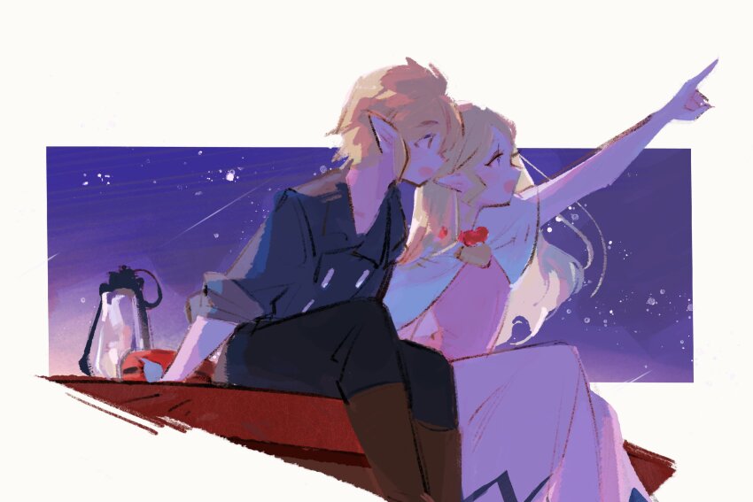 1boy, 1girl, arm_up, black_pants, black_shirt, blonde_hair, boots, brown_footwear