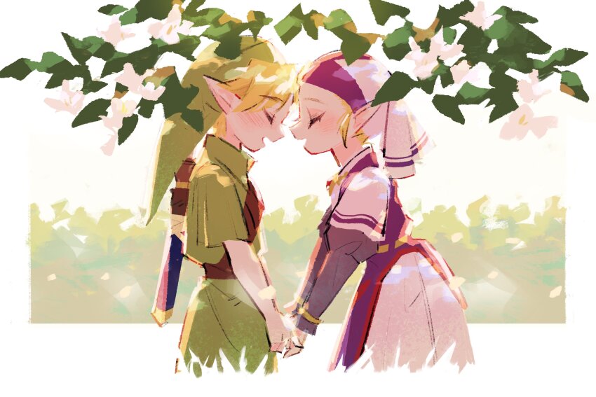 1boy, 1girl, :d, absurdres, belt, blonde_hair, blush, brown_belt, child, closed_eyes, cropped_legs, dress, from_side, green_background, green_headwear, green_shirt, green_tunic, highres, holding_hands, juliet_sleeves, leaf, link, long_sleeves, manodemarina, nintendo, open_mouth, princess_zelda, profile, puffy_sleeves, purple_dress, shirt, short_hair, short_sleeves, smile, the_legend_of_zelda, the_legend_of_zelda:_ocarina_of_time, tunic, weapon, weapon_on_back, white_background, white_dress, white_headwear, young_link, young_zelda