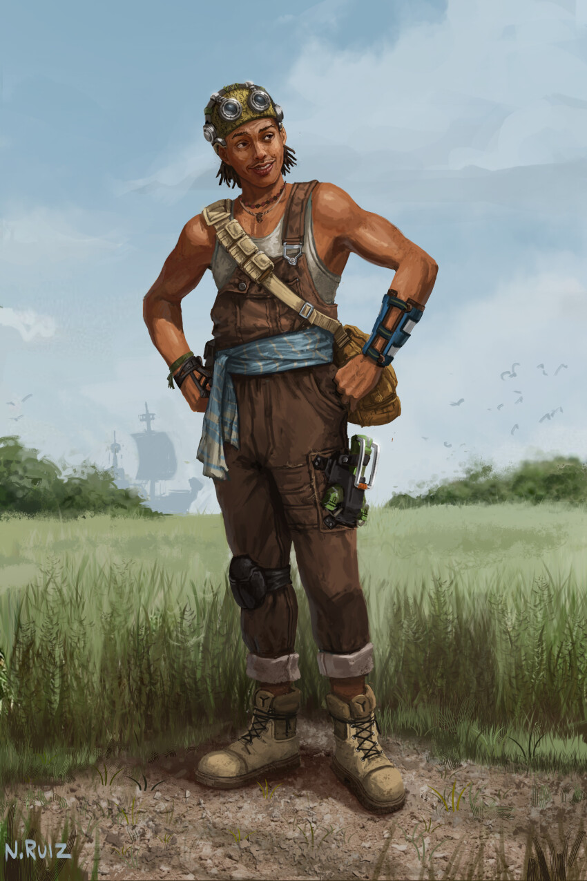 1boy, absurdres, artist_name, bag, bird, black_eyes, black_hair, bracer, brown_footwear, brown_pants, cloud, dark-skinned_male, dark_skin, day, donsrice, dreadlocks, facial_hair, full_body, handbag, hands_on_own_hips, highres, jewelry, knee_pads, male_focus, necklace, one_piece, outdoors, overalls, pants, pouch, seagull, ship, single_knee_pad, smile, solo, standing, stubble, usopp, watercraft, yellow_headwear