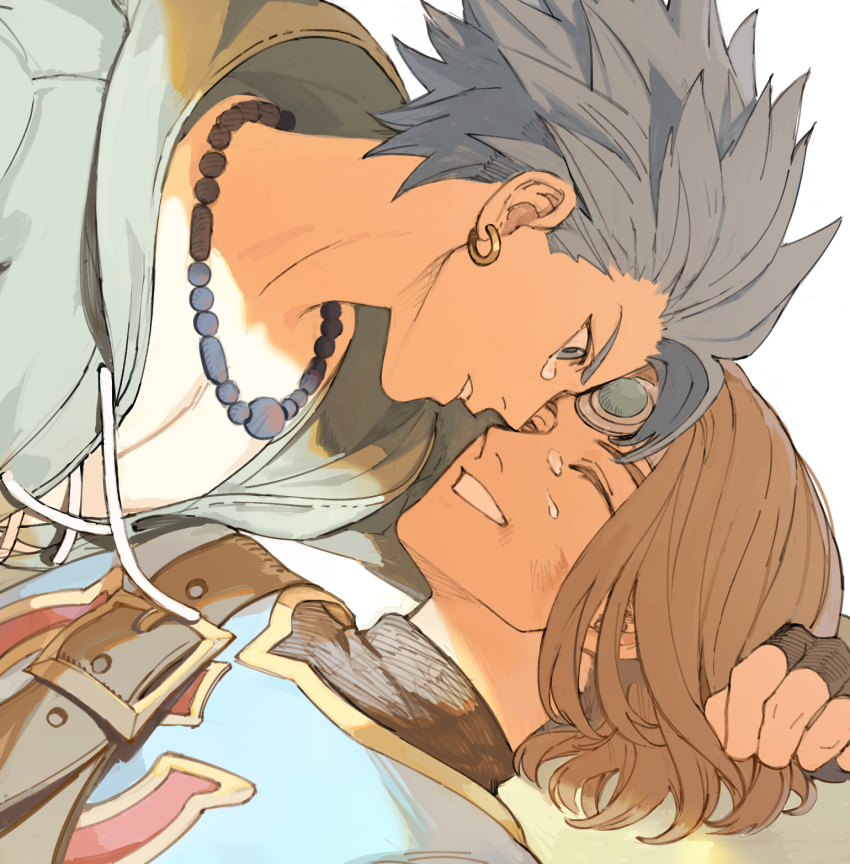 2boys, arm_pillow, bead_necklace, beads, belt, black_gloves, blue_eyes, blue_hair