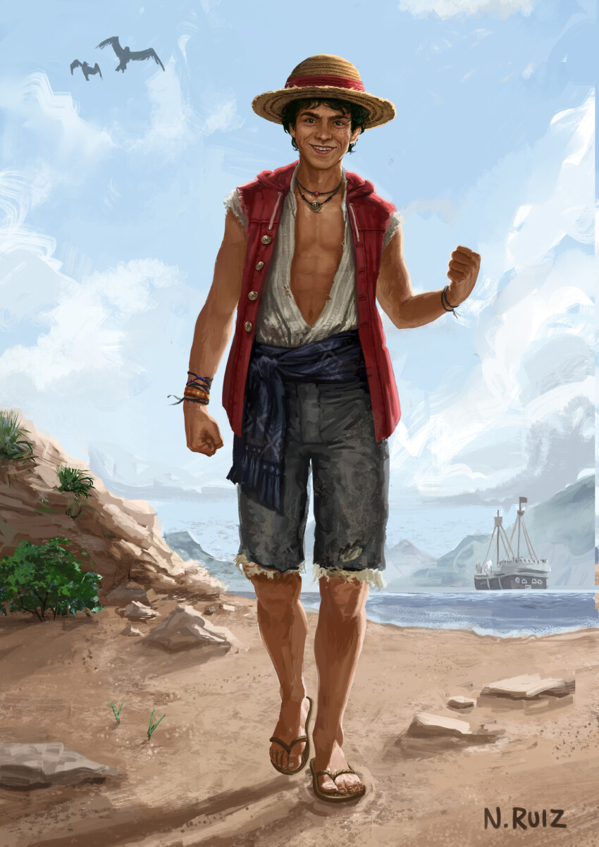 1boy, absurdres, artist_name, beach, bird, black_eyes, black_hair, clenched_hand, cloud, day, donsrice, full_body, hat, highres, jewelry, looking_at_viewer, male_focus, monkey_d._luffy, necklace, one_piece, open_clothes, open_shirt, outdoors, rock, sand, sandals, seagull, shadow, ship, shorts, smile, solo, straw_hat, sun_hat, watercraft, wristband