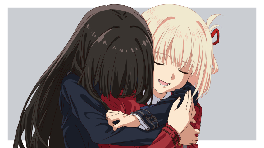 2girls, asada7101, black_hair, blonde_hair, closed_eyes, dot_nose, grey_background, hair_ribbon