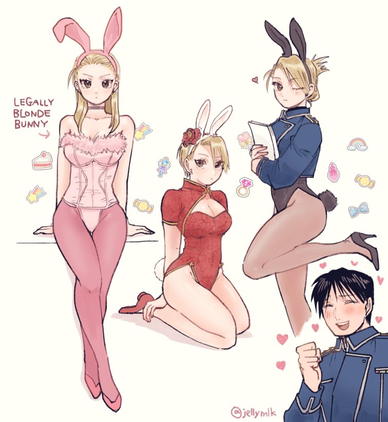 1boy, 1girl, amestris_military_uniform, animal_ears, arm_support, asymmetrical_bangs, bare_shoulders, black_footwear, black_hair, blonde_hair, blush, bow, breasts, brown_pantyhose, cake, cake_slice, candy, chinese-styled_leotard, choker, cleavage, copyright_name, cosplay, cropped_jacket, crossed_legs, diamond_(gemstone), earrings, elle_woods, elle_woods_(cosplay), fake_animal_ears, fake_tail, flower, folded_ponytail, food, fullmetal_alchemist, fur-trimmed_leotard, fur_trim, hair_down, hair_flower, hair_ornament, hairband, hand_on_own_ankle, happy, heart, heart-shaped_food, heart-shaped_lollipop, hetero, high_heels, holding, holding_paper, jellymlk, jewelry, kneeling, legally_blonde, leotard, lollipop, long_hair, looking_at_viewer, looking_to_the_side, medium_breasts, multiple_views, one_eye_closed, pantyhose, paper, pink_leotard, pink_pantyhose, pink_shoes, playboy_bunny, rabbit_ears, rainbow, red_flower, red_leotard, ring, riza_hawkeye, roy_mustang, shaped_lollipop, shoes, short_hair, standing, standing_on_one_leg, sticker, strapless, strapless_leotard, stud_earrings, sweatdrop, tail, thigh_gap, updo, white_background