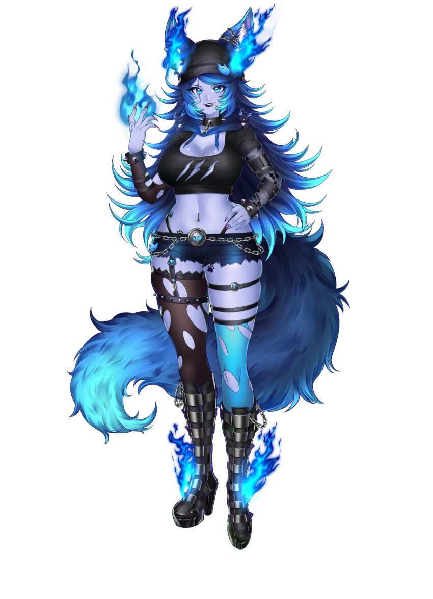 1girl, animal_ear_fluff, animal_ears, blue_eyes, blue_flames, blue_hair, blue_skin, boots