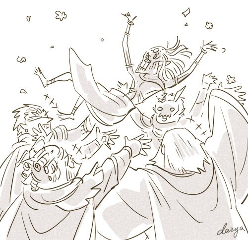 5boys, beard, large_nose, black_sclera, cape, cheering, colored_sclera, confetti