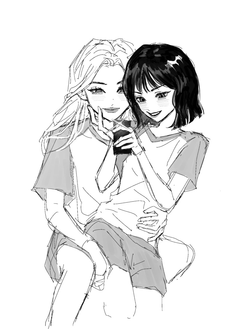 2girls, animification, blush, cellphone, glint, greyscale, hand_on_another's_chin, hand_on_another's_waist, highres, holding, holding_phone, huh_yunjin, invisible_chair, k-pop, kim_chaewon, le_sserafim, lipstick, long_hair, makeup, monochrome, multiple_girls, murenzi, parted_lips, phone, real_life, shirt, short_hair, shorts, sitting, sitting_on_lap, sitting_on_person, sketch, smartphone, smile, v-shaped_eyebrows, white_background, yuri