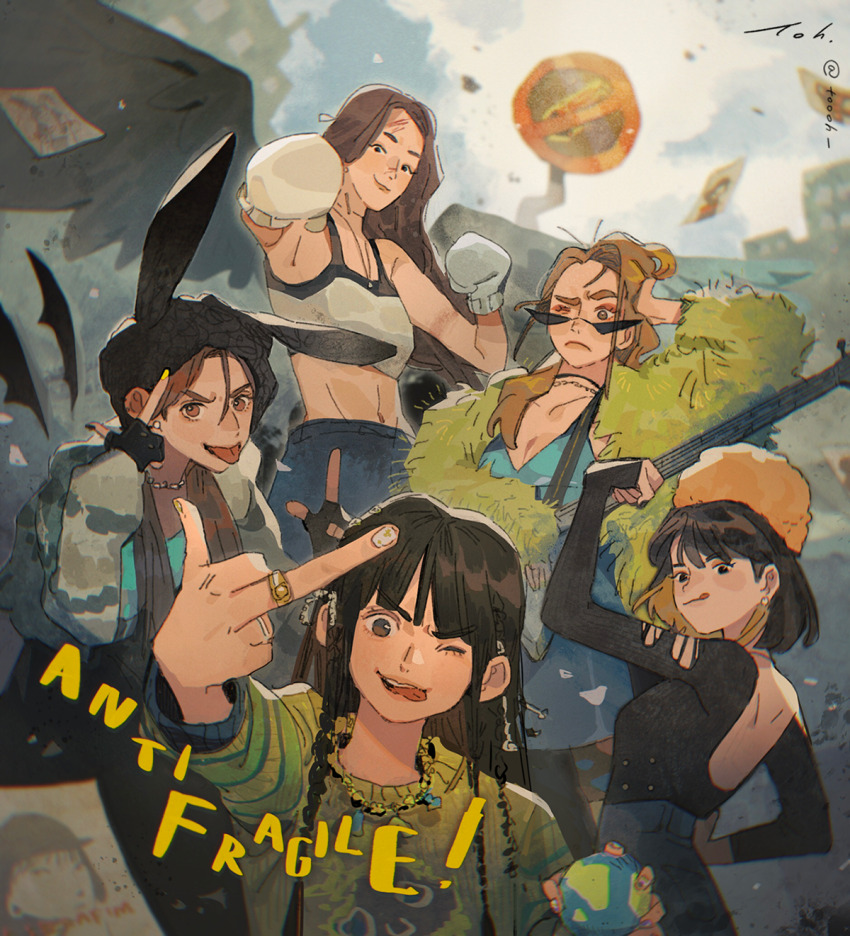 5girls, animification, backless_shirt, black_eyes, black_gloves, black_hair, black_headwear, black_nails