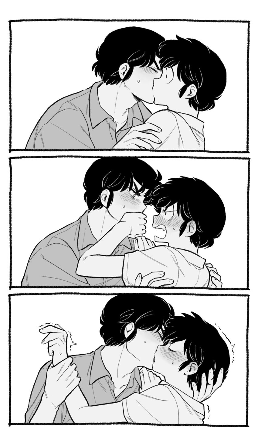 2boys, 3koma, blush, comic, french_kiss, full-face_blush, greyscale, height_difference