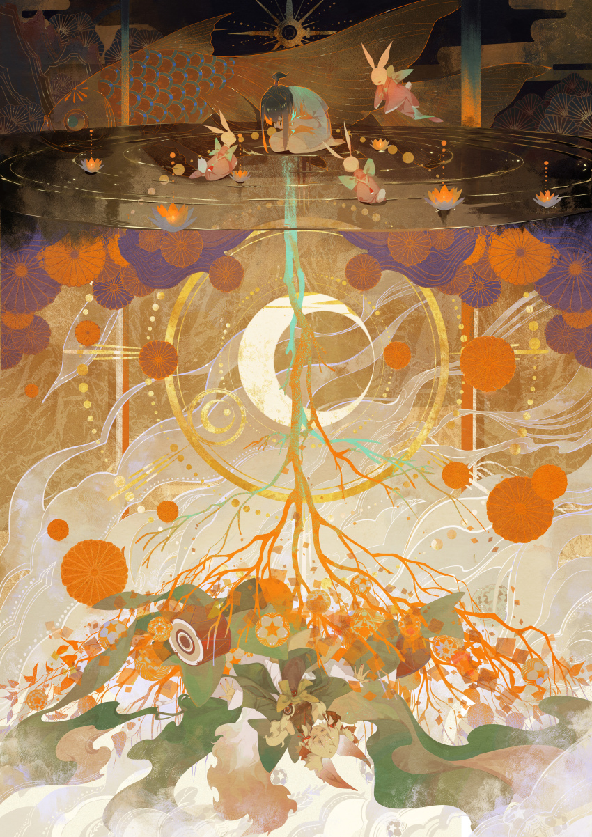 2others, absurdres, animal, animal_ear_fluff, animal_ears, ball, barefoot, black_hair