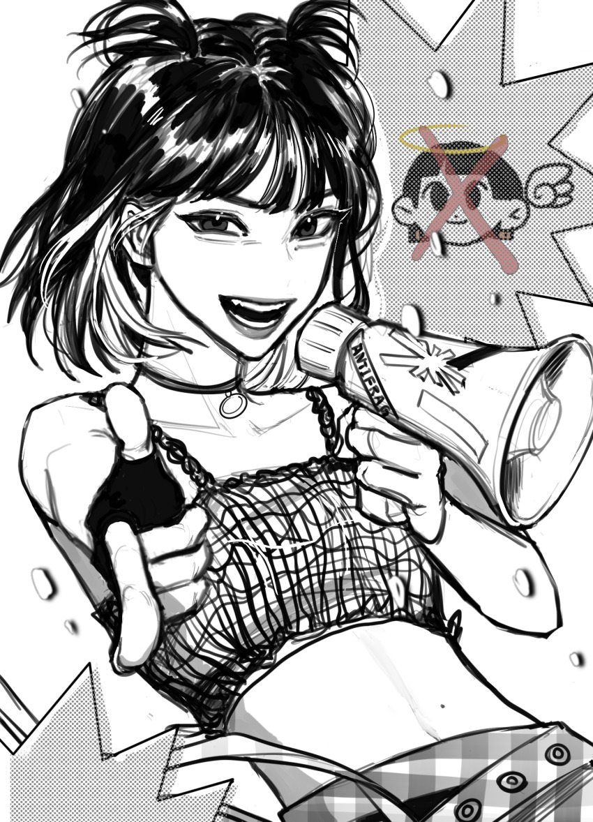 1girl, animification, breasts, choker, collarbone, crop_top, finger_gun, hair_behind_ear