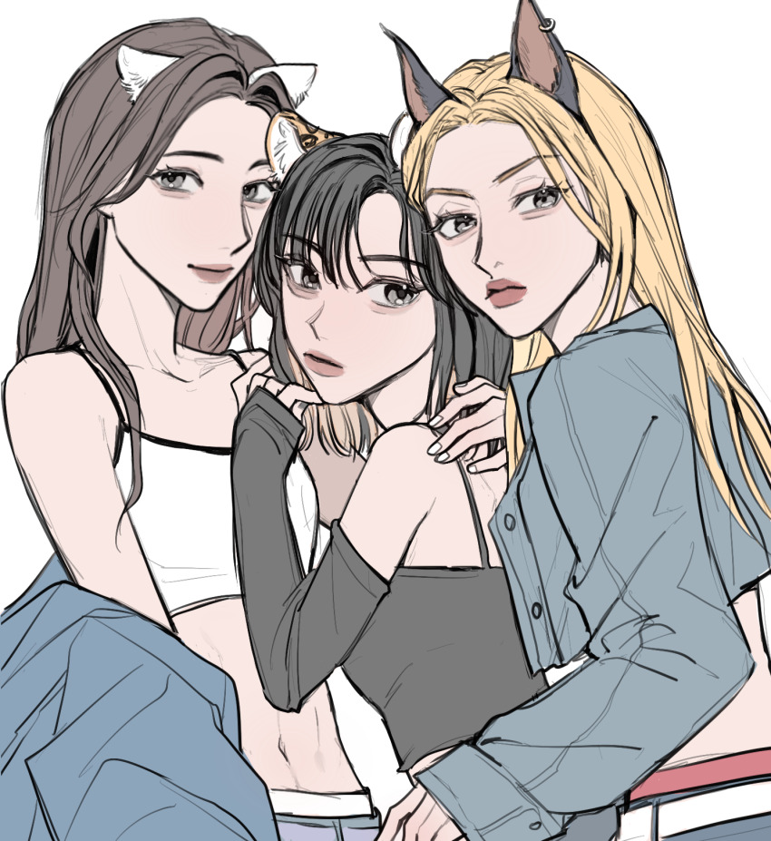 3girls, animal_ears, animification, black_camisole, black_hair, blonde_hair, blue_jacket, blue_shorts