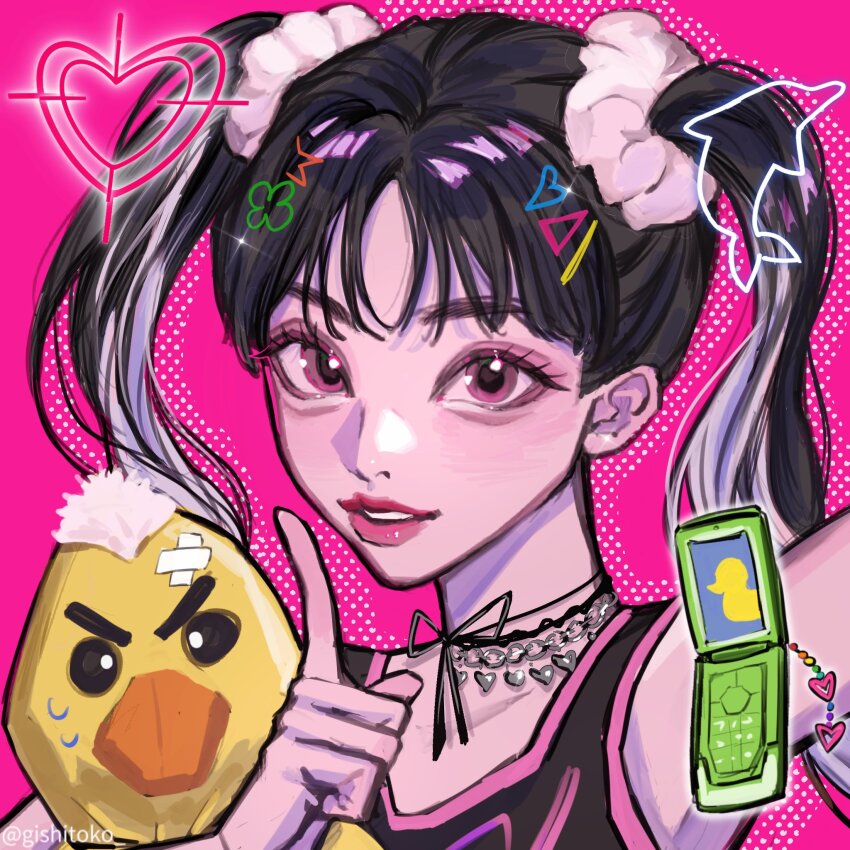 1girl, armpit_peek, black_choker, black_hair, black_tank_top, cellphone, choi_yena, choker