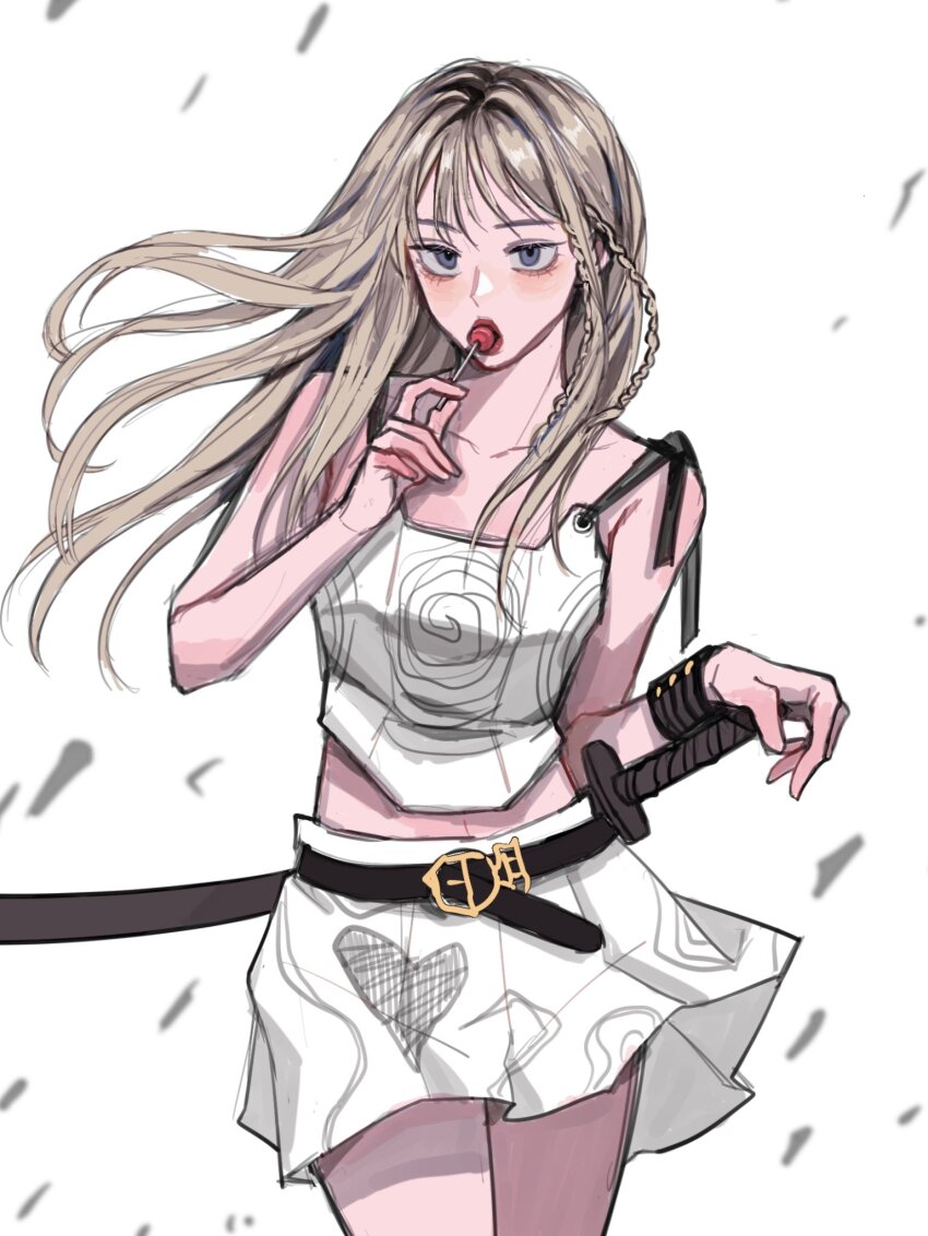 1girl, aespa, animification, belt, black_belt, blonde_hair, blue_eyes, blush