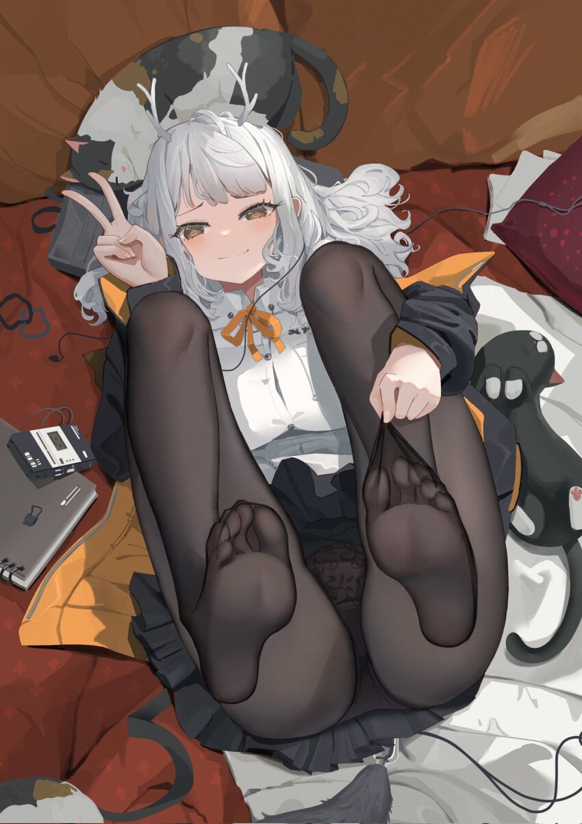 1girl, black_cat, black_panties, black_pantyhose, black_skirt, cat, copyright_request, feet