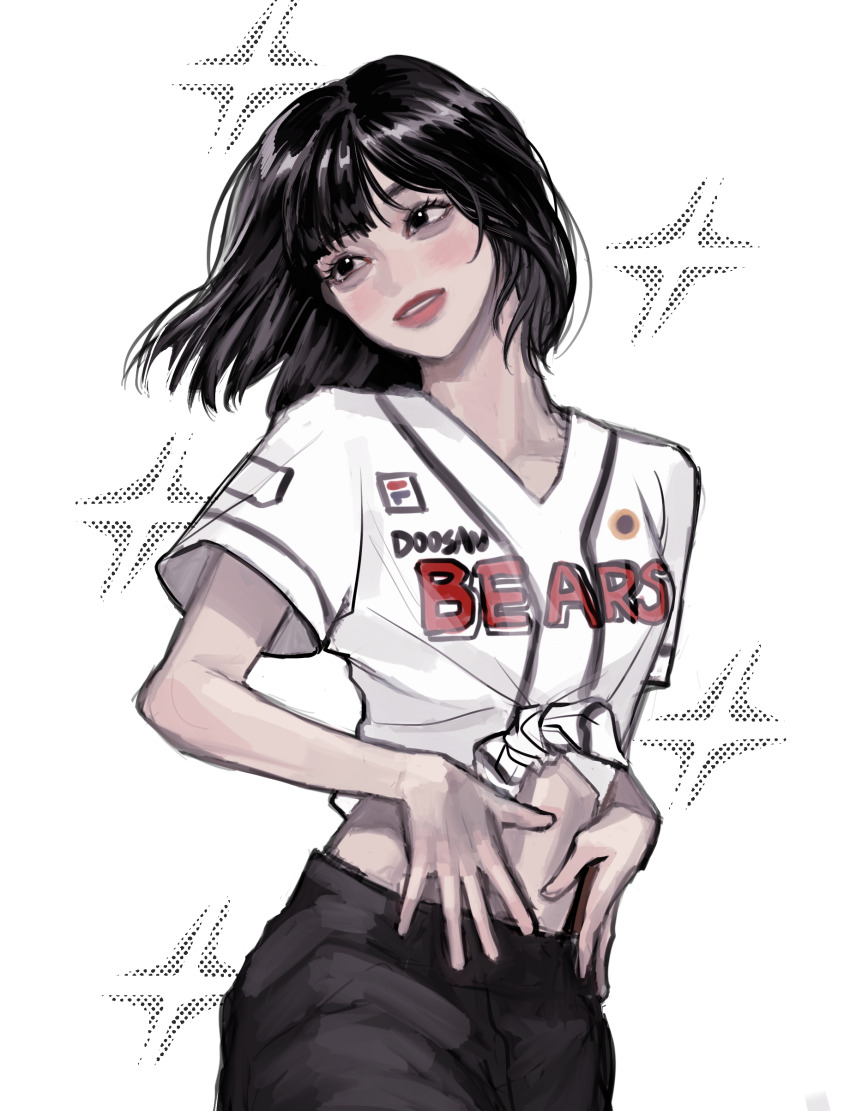 1girl, absurdres, black_shorts, blush, brown_eyes, brown_hair, collarbone, doosan_bears