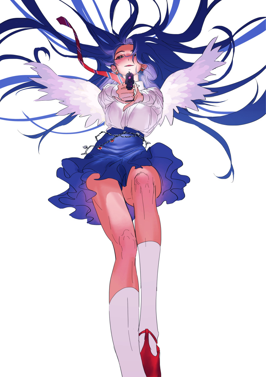 1girl, absurdres, aiming, aiming_at_viewer, alternate_eye_color, alternate_hair_color, animification, blue_eyes