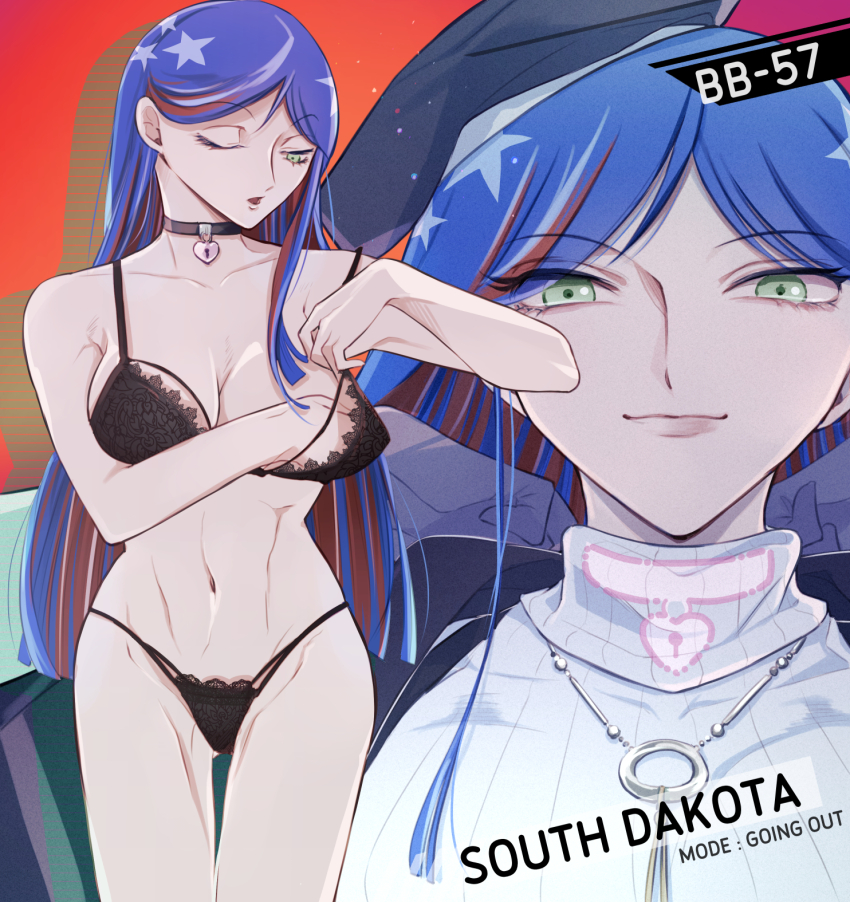 1girl, alternate_costume, aratsuta_(aoedou), black_bra, black_coat, black_headwear, black_panties, blue_hair