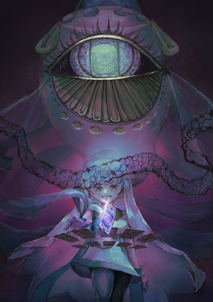 1girl, absurdres, anna_mel, arm_at_side, black_pantyhose, card, cowboy_shot, dark