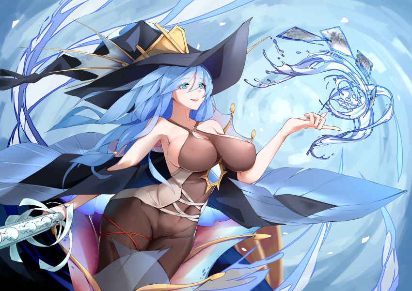 1girl, absurdres, adapted_costume, alternate_breast_size_(larger), ariel_(yu-gi-oh!), bare_shoulders, blue_eyes, blue_hair, bodysuit, breasts, cleavage_cutout, clothing_cutout, covered_navel, duel_monster, evigishki_mind_augus, evigishki_nereimanas, evigishki_neremanas, hand_up, hat, highres, holding, holding_staff, huge_breasts, hydrokinesis, index_finger_raised, long_hair, parted_lips, sideboob, solo, staff, water, whatwine, witch_hat, yu-gi-oh!