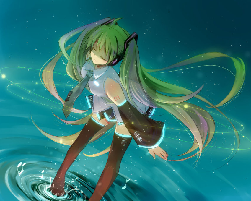 1girl, aqua_hair, bad_id, closed_eyes, detached_sleeves, female_focus, green_hair, hatsune_miku