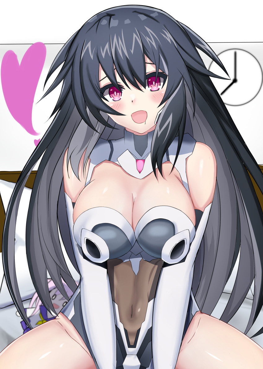 1girl, absurdres, bare_shoulders, black_hair, breasts, choujigen_game_neptune_sisters_vs_sisters, cleavage, clothing_cutout, elbow_gloves, gloves, gray_sister_(neptunia), grey_hair, grey_leotard, hair_between_eyes, headgear, highres, leotard, long_hair, looking_at_viewer, medium_breasts, multicolored_hair, multicolored_leotard, navel, neptune_(series), open_mouth, power_symbol-shaped_pupils, purple_eyes, smile, solo, stiris_rangetsu, stomach_cutout, symbol-shaped_pupils, two-tone_hair, two-tone_leotard, white_gloves, white_leotard