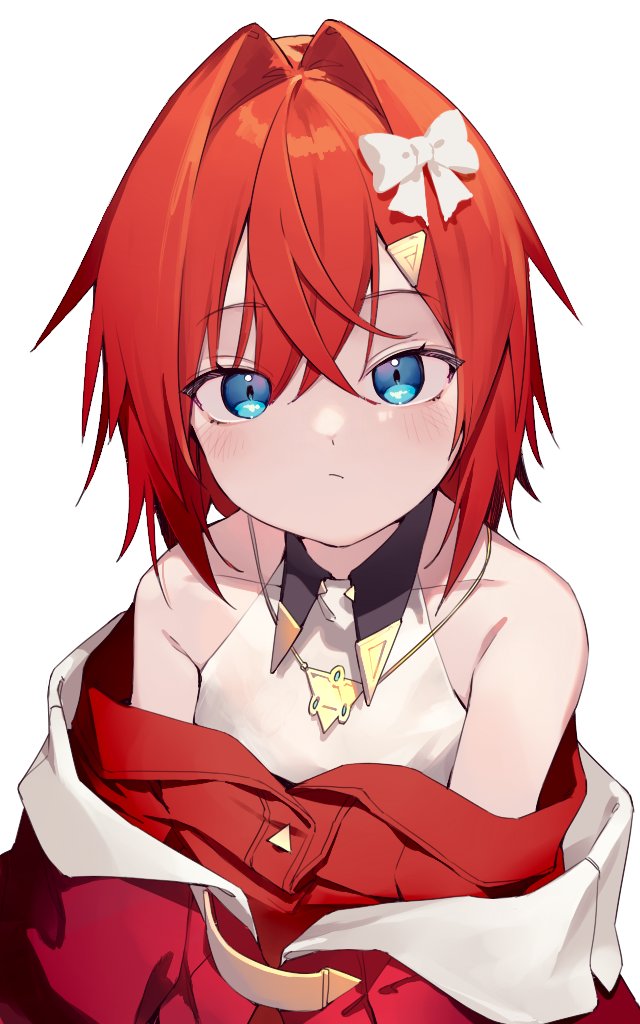 1girl, ange_katrina, ange_katrina_(1st_costume), bare_shoulders, blue_eyes, bow, closed_mouth, crossed_bangs