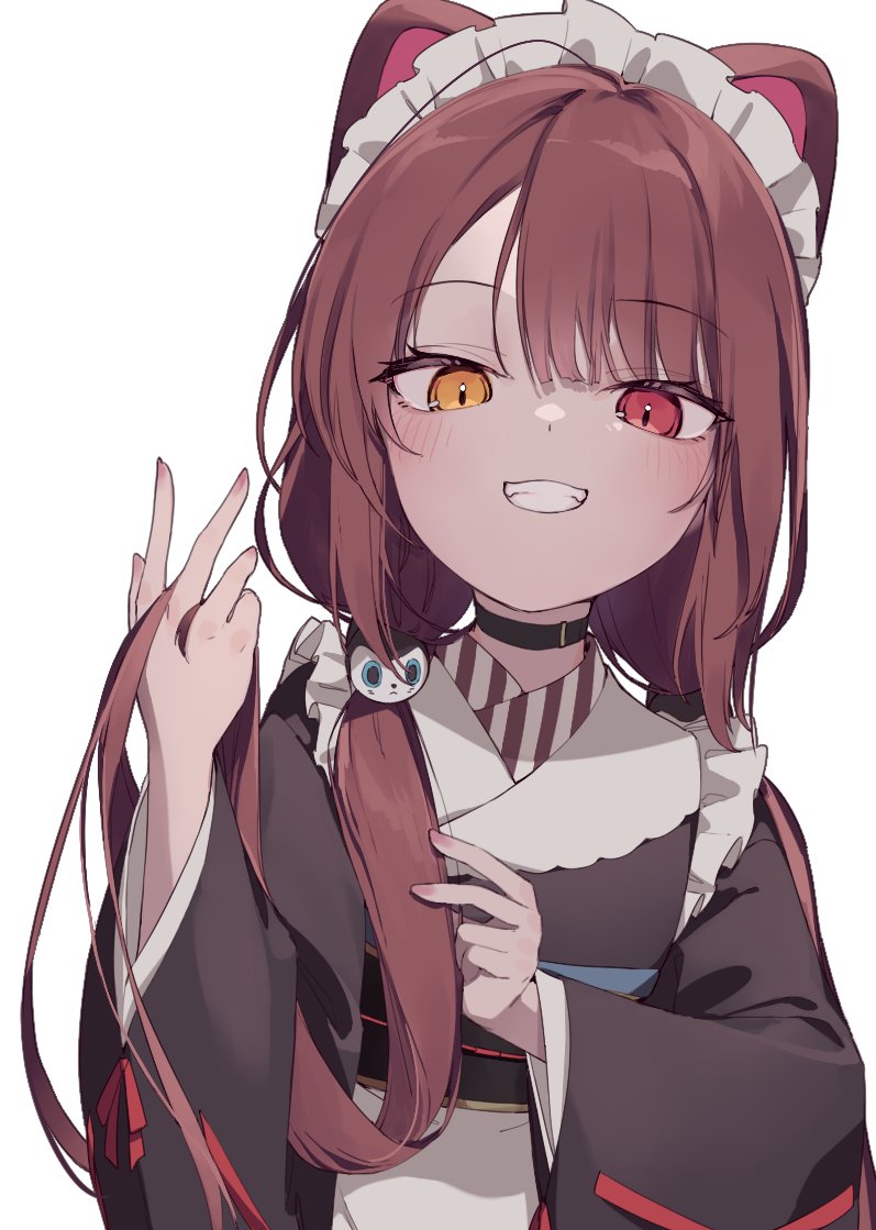 1girl, animal_ears, black_choker, black_kimono, blush, brown_hair, choker, dog_ears