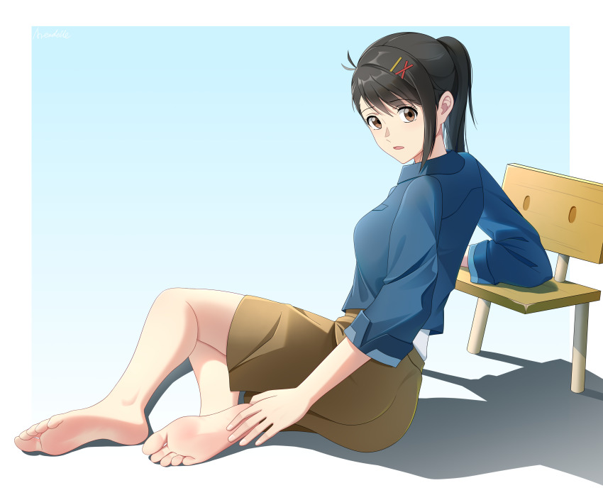 1girl, absurdres, barefoot, black_hair, brown_eyes, chair, feet, highres