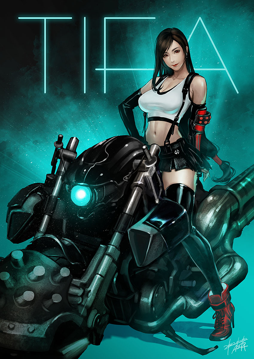 1girl, arm_guards, az_pt, bare_shoulders, black_gloves, black_hair, black_skirt, black_sports_bra