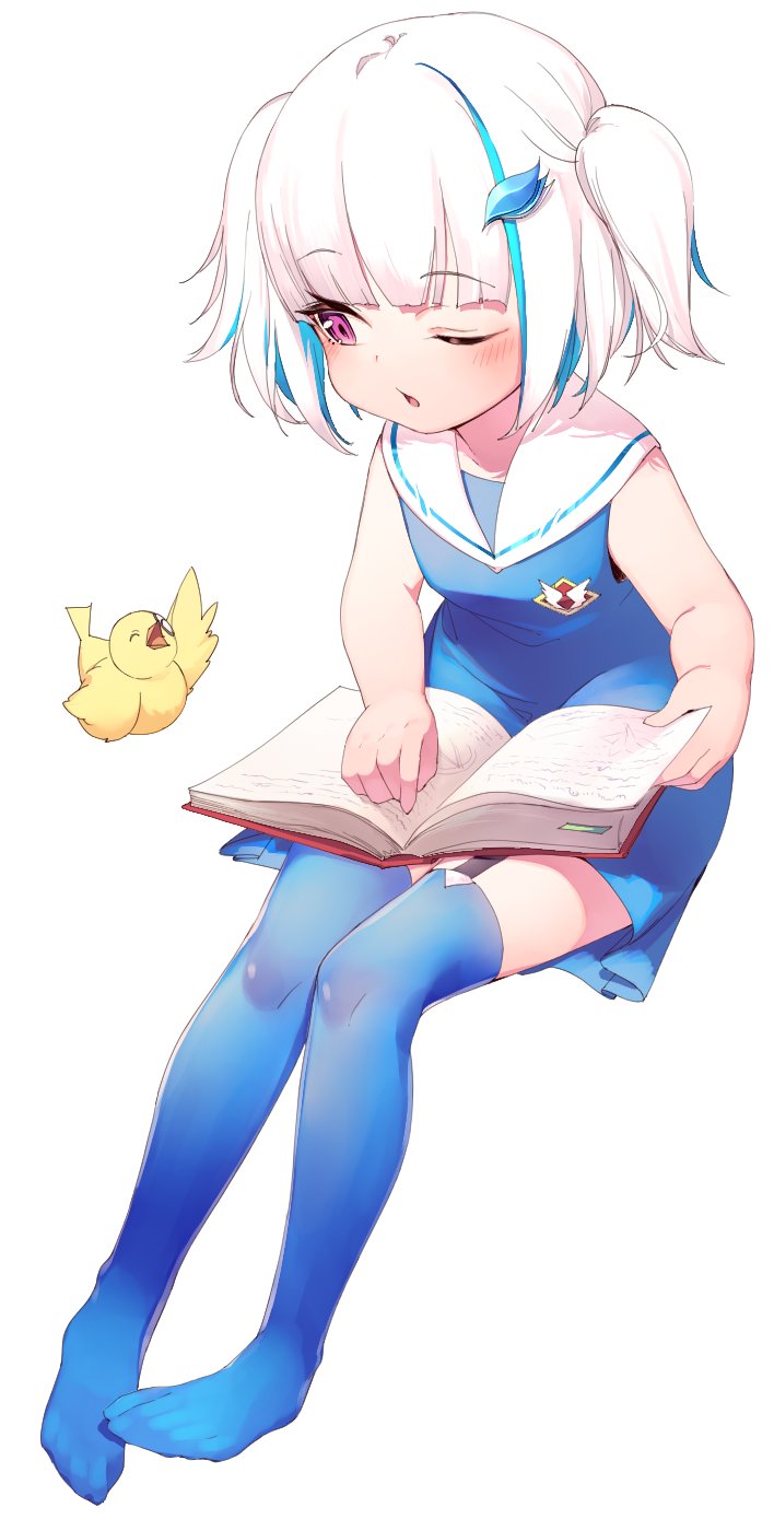 1girl, bird, blue_dress, blue_hair, blue_thighhighs, book, dress, garter_straps