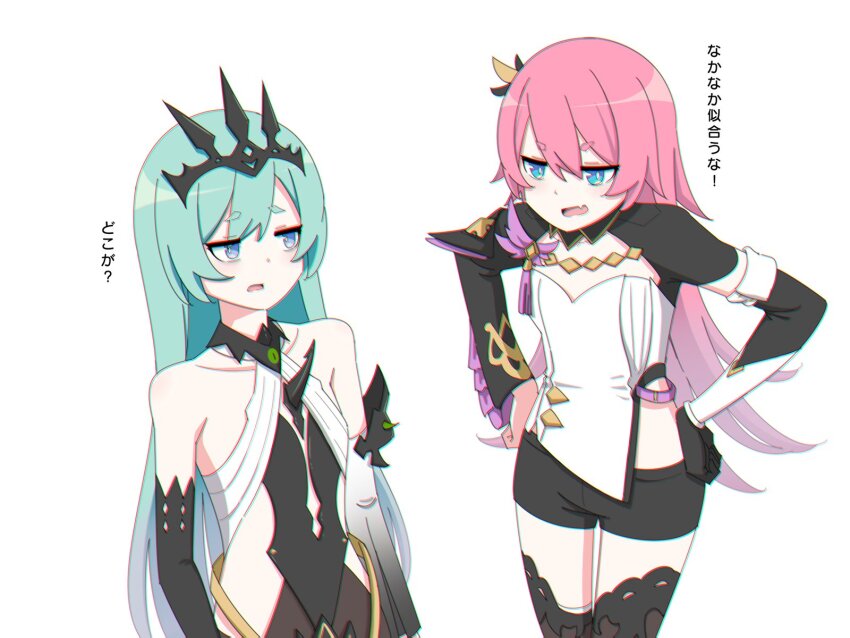 2girls, bare_shoulders, black_gloves, black_shorts, black_thighhighs, blue_eyes, blue_hair, cosplay