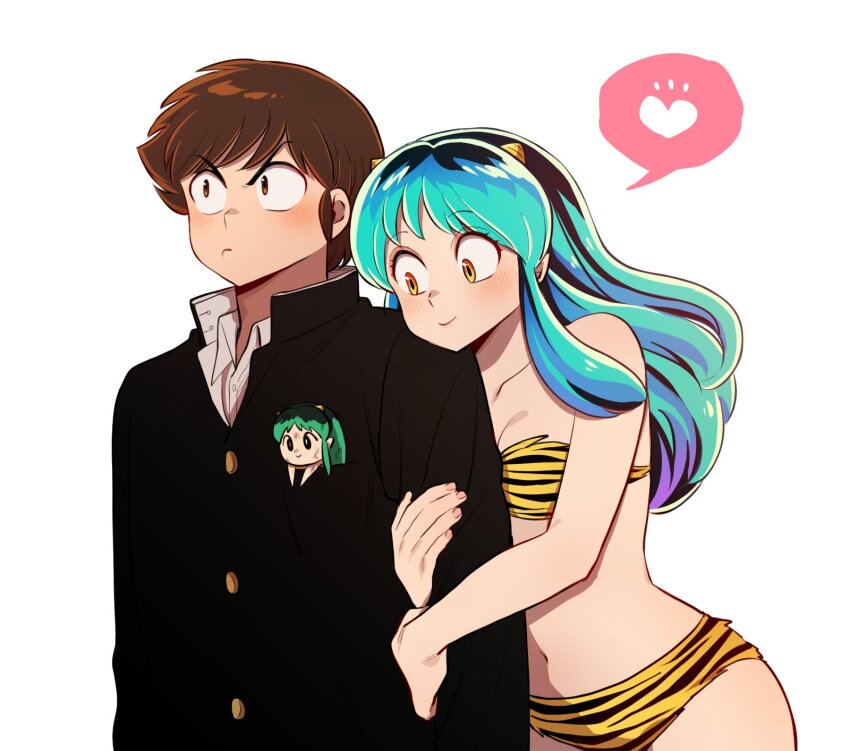 1boy, 1girl, heart, highres, lum, moroboshi_ataru, nai0524, non-web_source