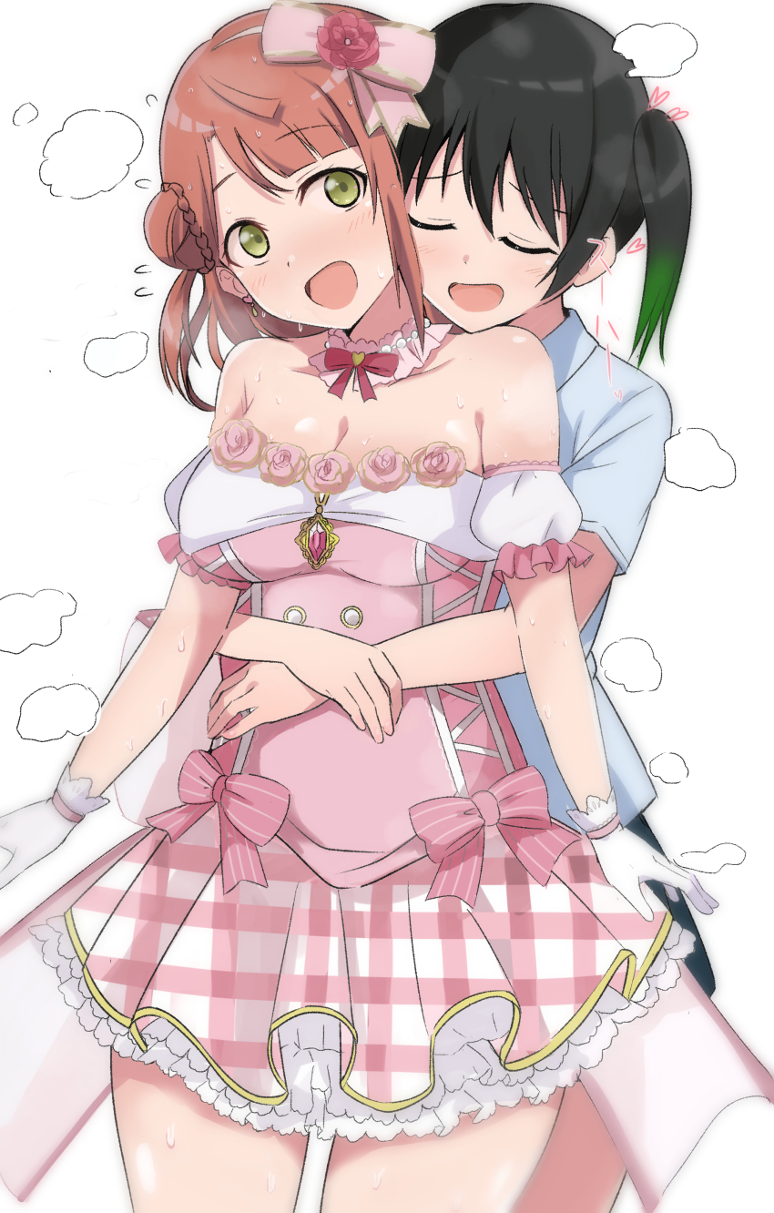 2girls, absurdres, bare_shoulders, black_hair, blue_shirt, blunt_bangs, blush, bow