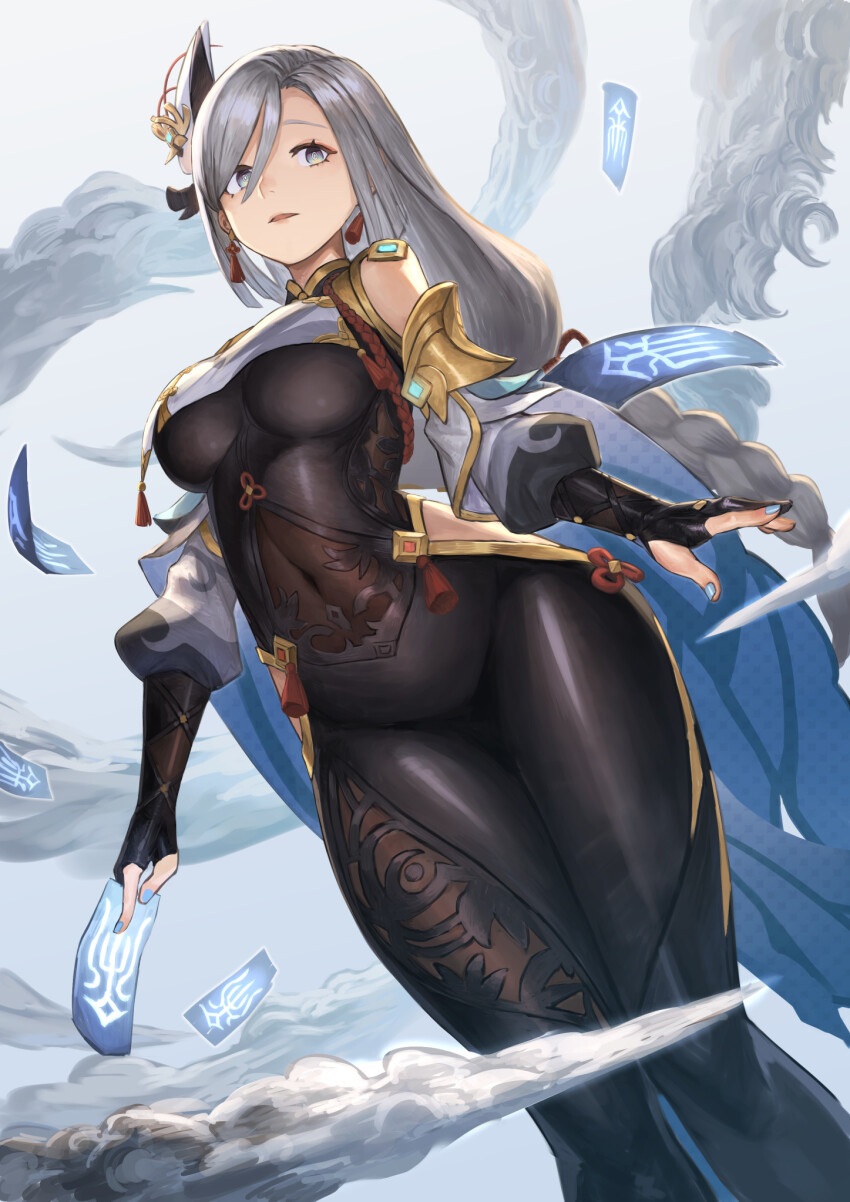 1girl, black_gloves, blue_eyes, blush, bodysuit, braid, breasts, clothing_cutout