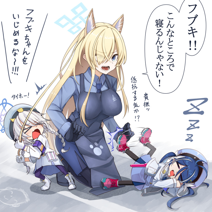 3girls, absurdres, aged_down, ahoge, animal_ears, apron, armband, black_gloves