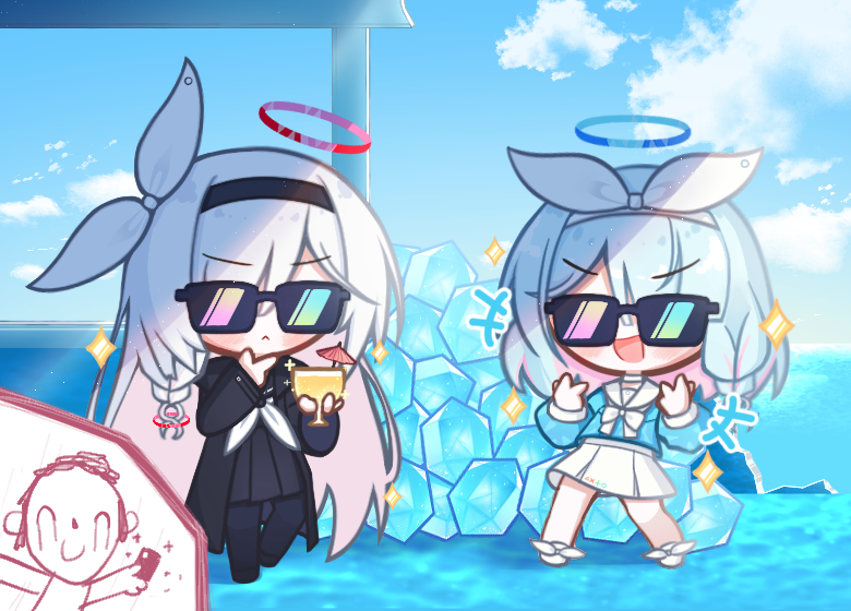 1boy, 2girls, doodle_sensei_(blue_archive), arona_(blue_archive), black_coat, black_hairband, black_pantyhose, black_sailor_collar