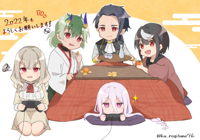 2boys, 3girls, ariel_(kumo_desu_ga_nani_ka?), controller, game_controller, highres, kotatsu, kumo_desu_ga_nani_ka?