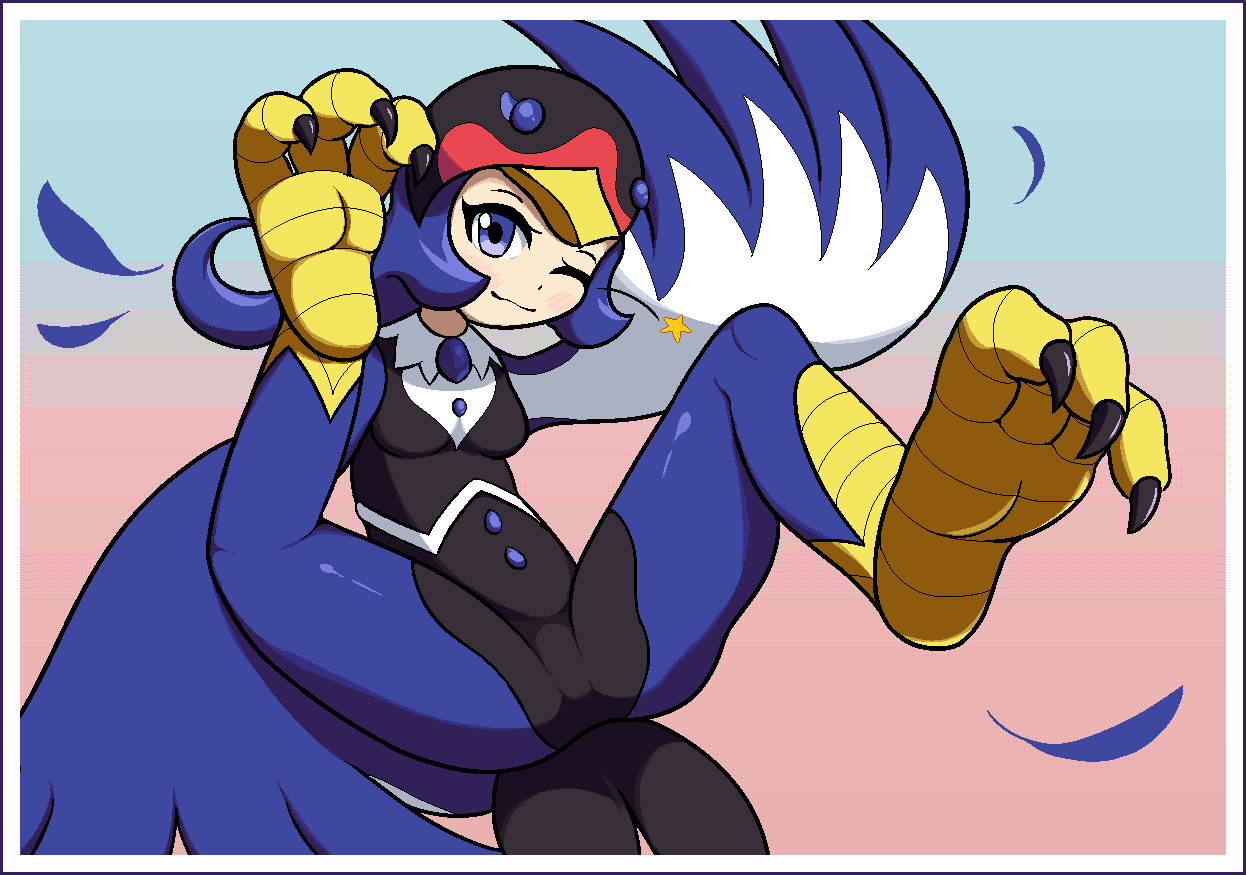 1girl, bird_hat, bird_legs, black_bodysuit, blue_bodysuit, blue_eyes, blue_feathers, blue_hair