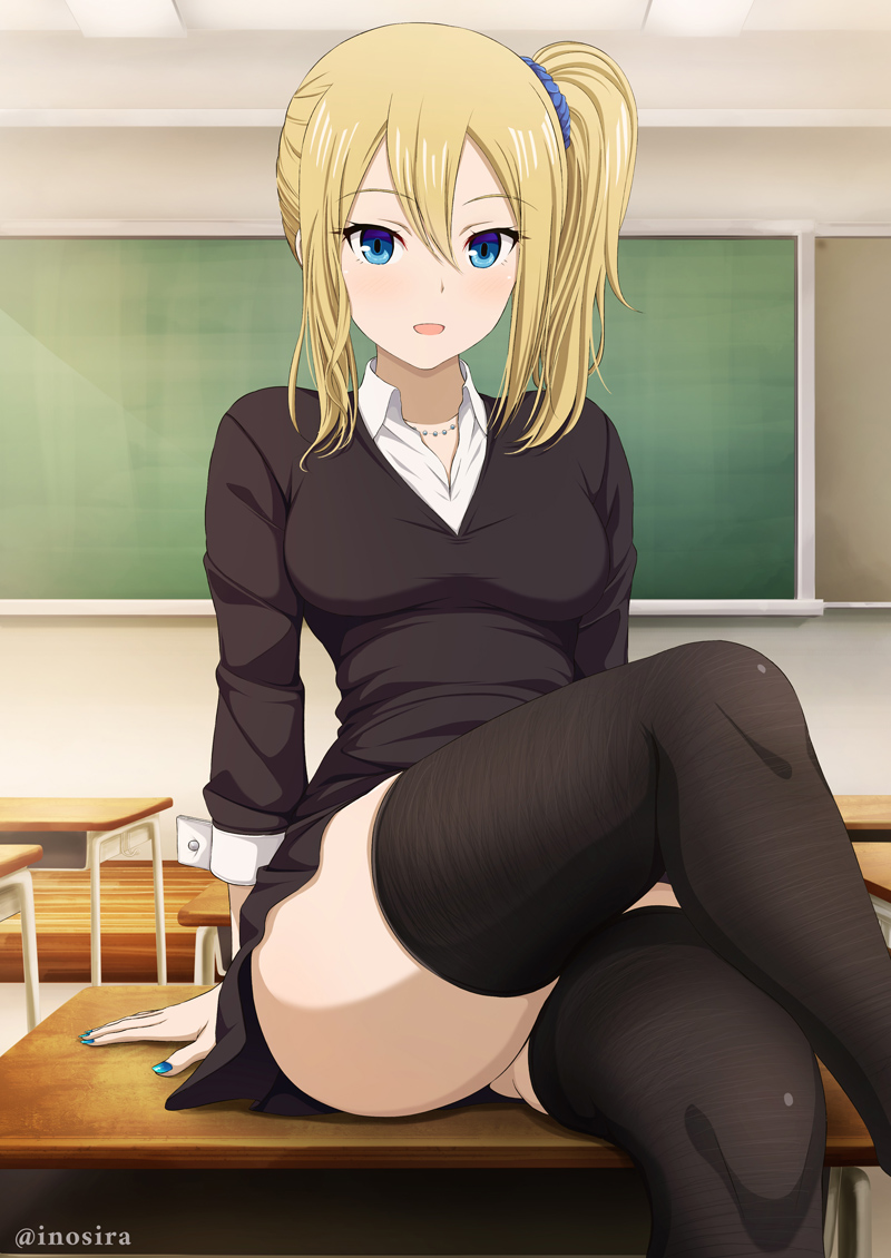 1girl, black_jacket, black_thighhighs, blonde_hair, blue_eyes, blue_nails, classroom, crossed_legs