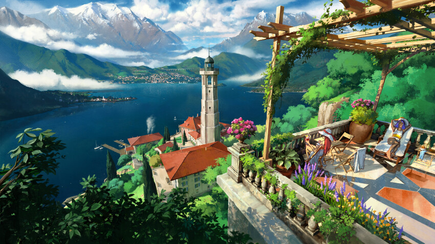 2girls, absurdres, architecture, balcony, blue_sky, building, bush, cloud, crimsonsword03, deck_chair, european_architecture, folding_chair, hat, highres, lake, lighthouse, mountain, multiple_girls, nature, original, plant, scenery, sky, tree