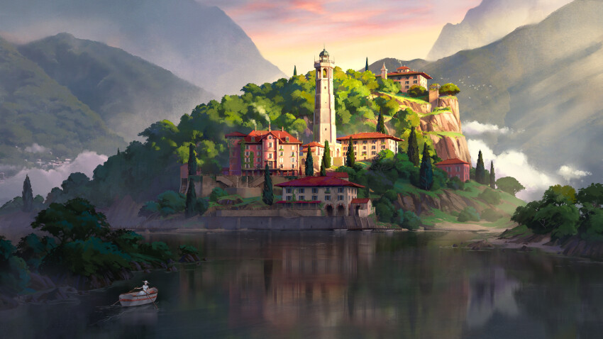 1boy, absurdres, architecture, boat, building, cloud, crimsonsword03, european_architecture, highres, landscape, lighthouse, mountain, original, outdoors, red_sky, reflection, reflective_liquid, rowboat, scenery, sky, tree, water