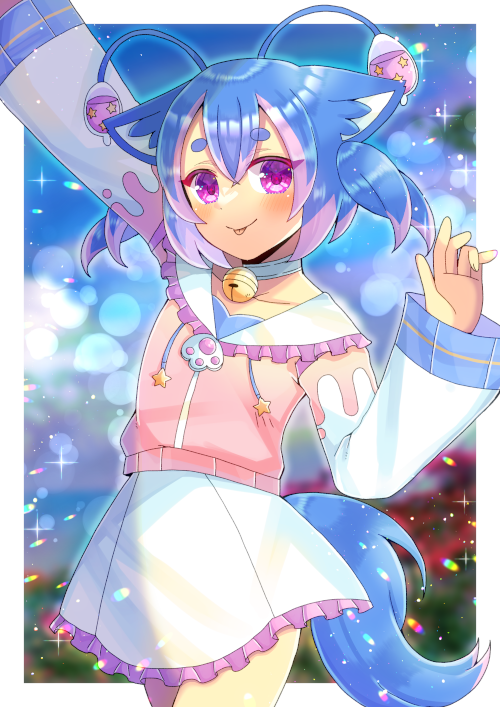 1girl, :p, animal_ear_fluff, animal_ears, antenna_hair, arm_up, bell, blue_hair