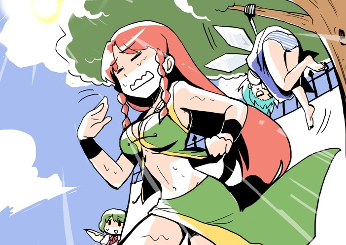 3girls, bad_id, bad_pixiv_id, barefoot, blue_hair, bound, braid, china_dress, chinese_clothes, cirno, daiyousei, dress, embodiment_of_scarlet_devil, green_hair, hong_meiling, jiminoko, long_hair, multiple_girls, mundane_utility, panties, red_hair, short_hair, striped_clothes, striped_panties, tied_up_(nonsexual), touhou, tsutei_(munibeer), twin_braids, underwear, wings